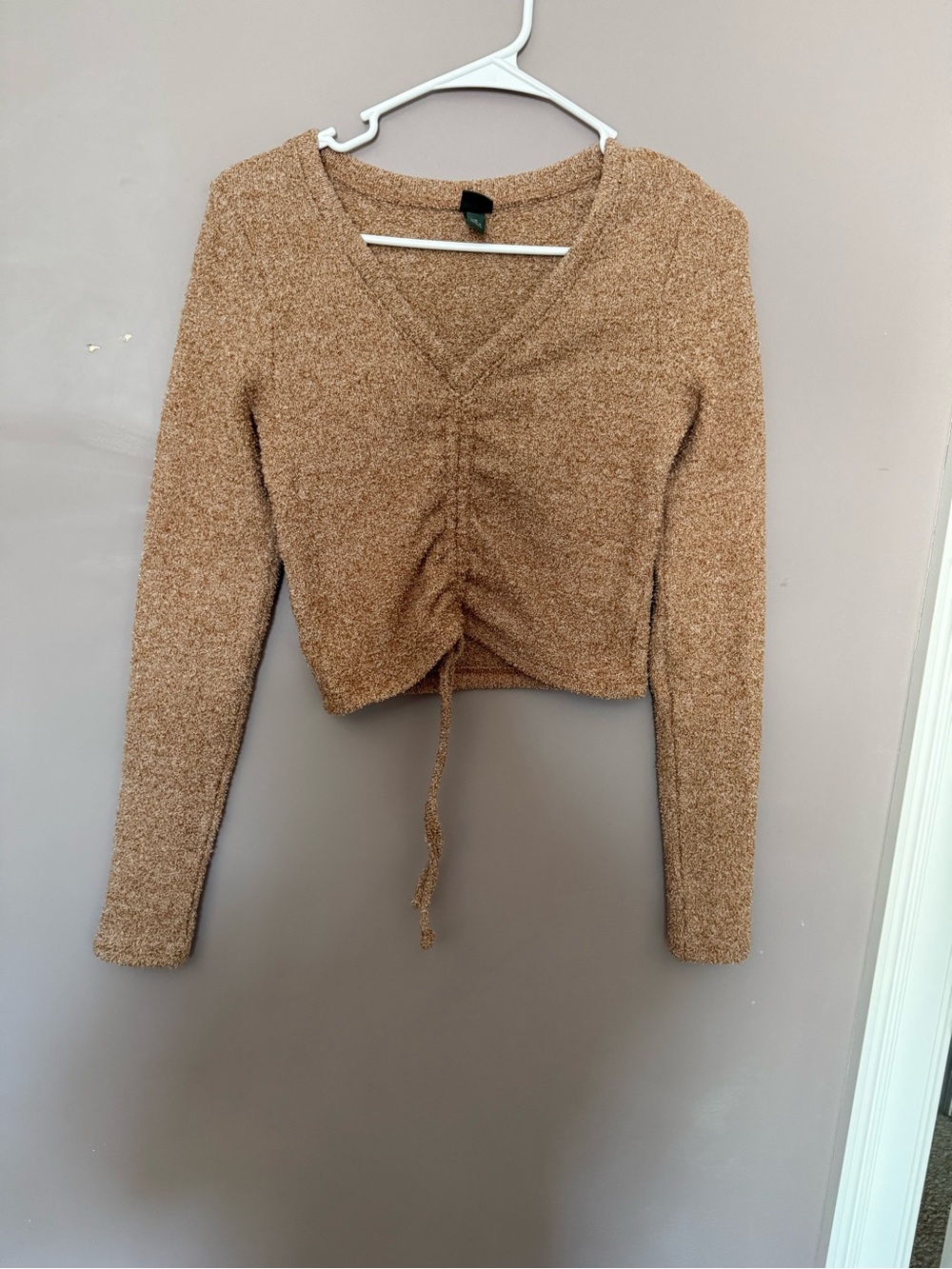 wild fable Camel Ruched V-Neck Cropped Sweater